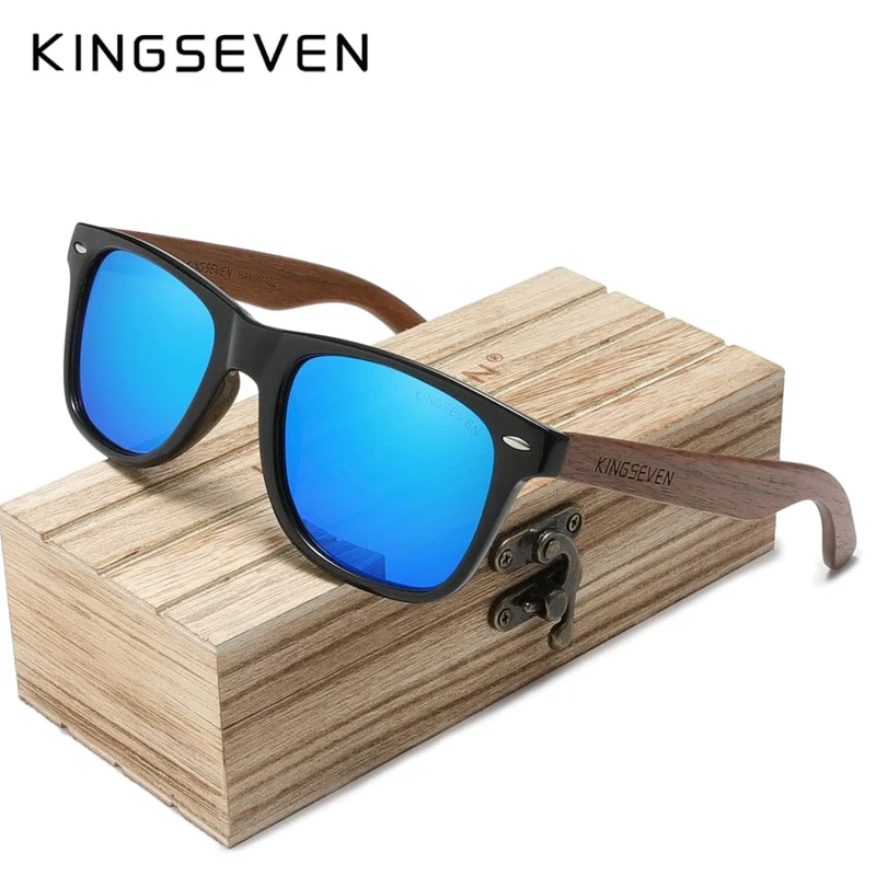 KINGSEVEN Neue Sonnenbrille aus schwarzem Walnussholz, polarisierte Sonnenbrille, Herrenbrille, handgefertigt, UV400-Schutz, Retro-Holzbox