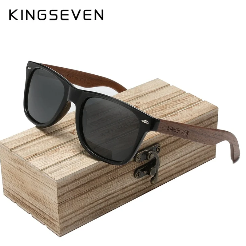 KINGSEVEN Neue Sonnenbrille aus schwarzem Walnussholz, polarisierte Sonnenbrille, Herrenbrille, handgefertigt, UV400-Schutz, Retro-Holzbox