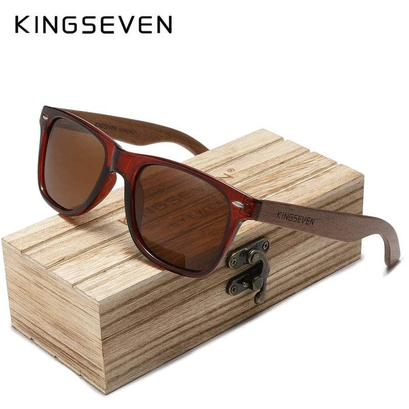 KINGSEVEN Neue Sonnenbrille aus schwarzem Walnussholz, polarisierte Sonnenbrille, Herrenbrille, handgefertigt, UV400-Schutz, Retro-Holzbox