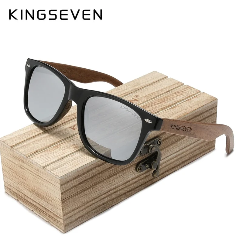 KINGSEVEN Neue Sonnenbrille aus schwarzem Walnussholz, polarisierte Sonnenbrille, Herrenbrille, handgefertigt, UV400-Schutz, Retro-Holzbox