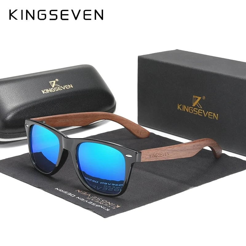 KINGSEVEN Neue Sonnenbrille aus schwarzem Walnussholz, polarisierte Sonnenbrille, Herrenbrille, handgefertigt, UV400-Schutz, Retro-Holzbox