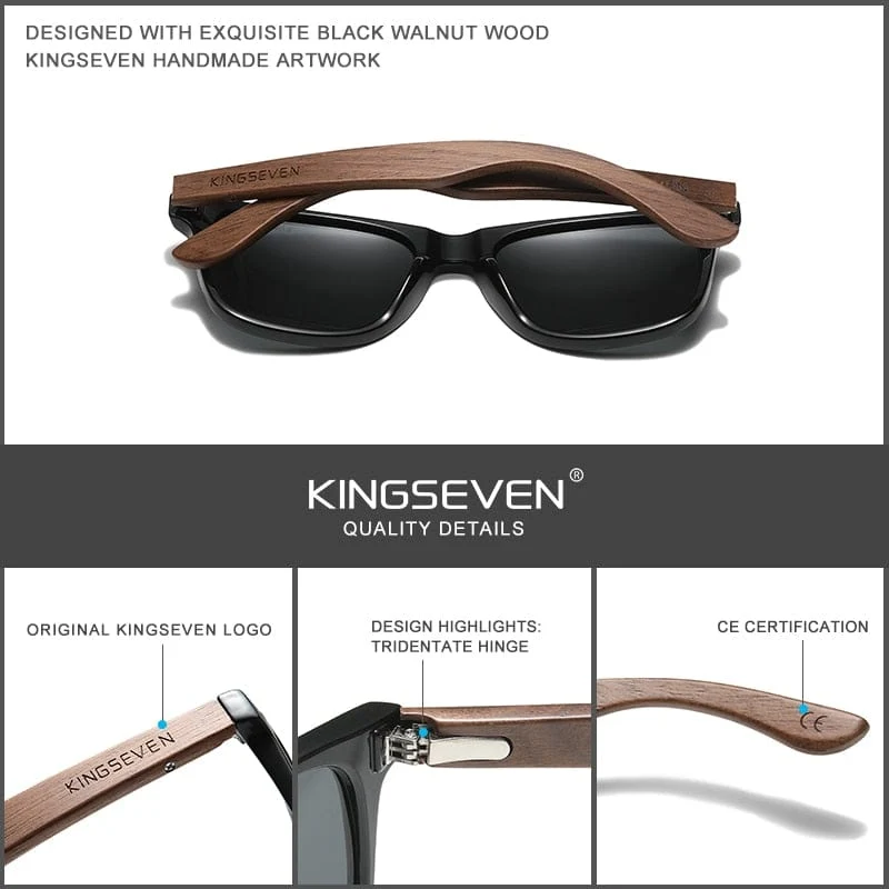 KINGSEVEN Neue Sonnenbrille aus schwarzem Walnussholz, polarisierte Sonnenbrille, Herrenbrille, handgefertigt, UV400-Schutz, Retro-Holzbox