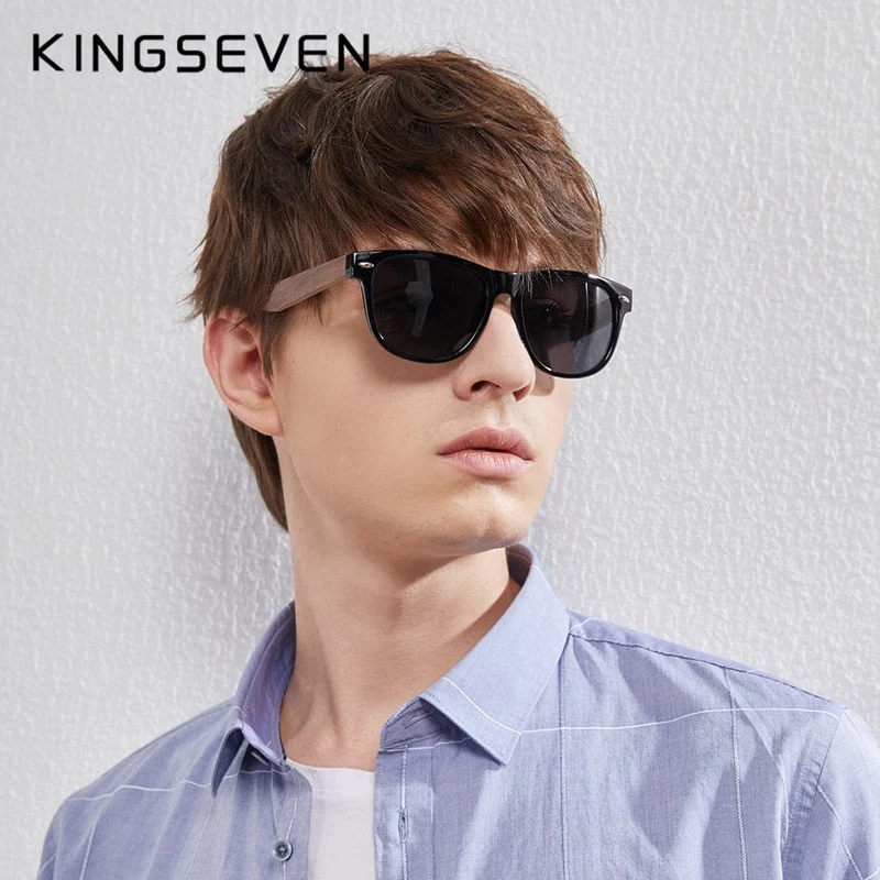 KINGSEVEN Neue Sonnenbrille aus schwarzem Walnussholz, polarisierte Sonnenbrille, Herrenbrille, handgefertigt, UV400-Schutz, Retro-Holzbox