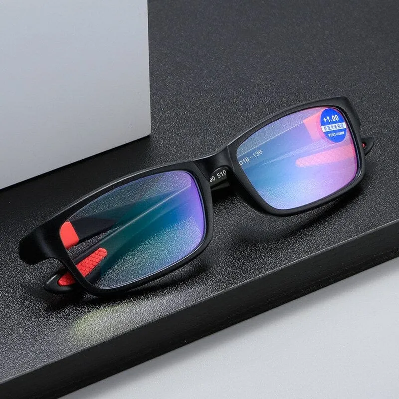 Lesebrille Männer Frauen Sport Anti-Blaulicht Lesebrille Schwarz Rot TR90 Rahmen Presbyopie Brille +100 bis +400 Brille