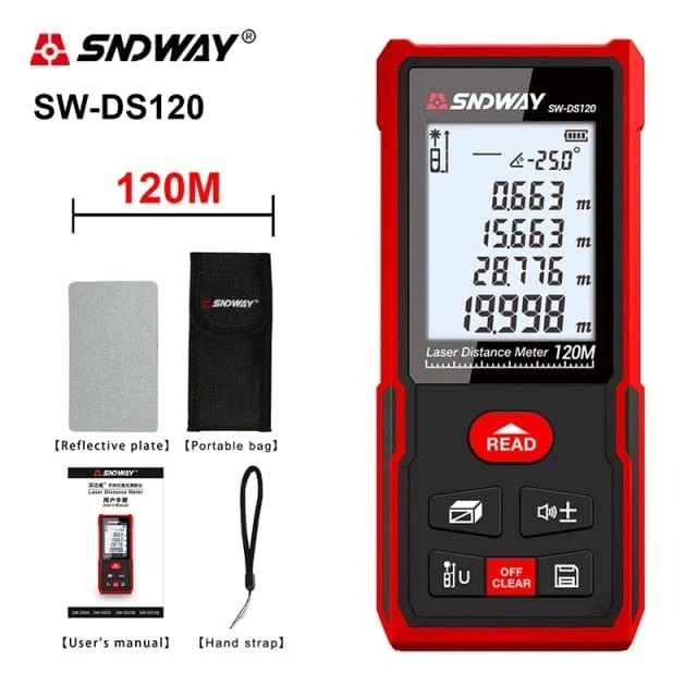 SNDWAY Laser-Entfernungsmesser Hochpräziser Roulette-Laser-Entfernungsmesser, der 40 m, 100 m, 120 m digitales Maßband-Entfernungsmesser misst
