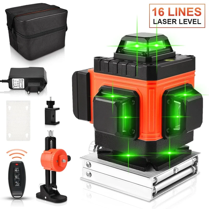 GOXAWEE 360 Laser-Nivelliergerät, 16/12 Linien, 3D/4D, selbstnivellierender Nivellierlaser, kreuzförmig, horizontal, vertikal, grüner Strahl für Bauwerkzeuge