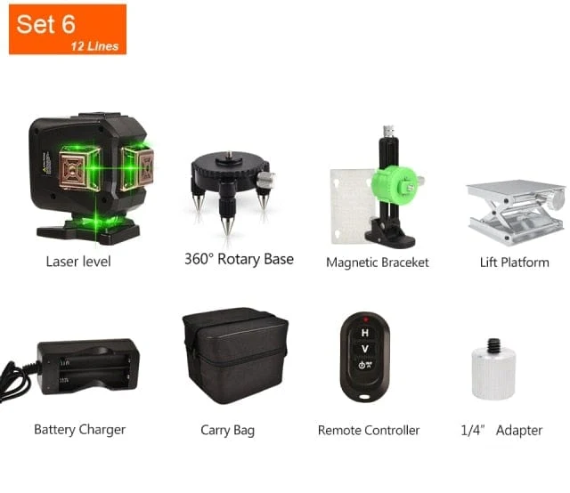 GOXAWEE 360 Laser-Nivelliergerät, 16/12 Linien, 3D/4D, selbstnivellierender Nivellierlaser, kreuzförmig, horizontal, vertikal, grüner Strahl für Bauwerkzeuge