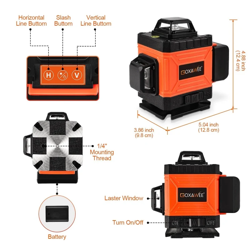 GOXAWEE 360 Laser-Nivelliergerät, 16/12 Linien, 3D/4D, selbstnivellierender Nivellierlaser, kreuzförmig, horizontal, vertikal, grüner Strahl für Bauwerkzeuge
