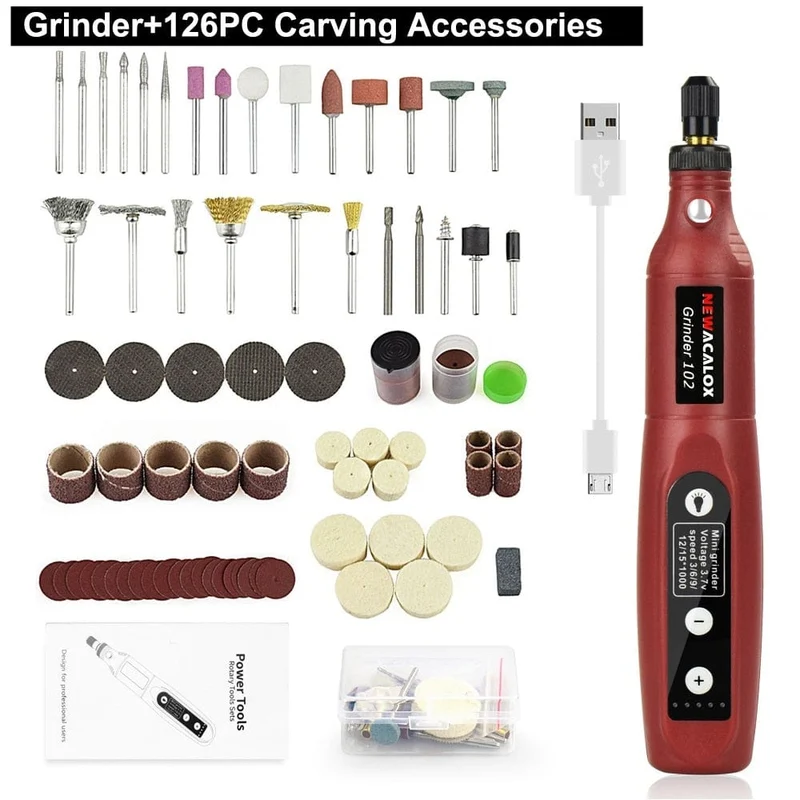 NEWACALOX Mini-Schleifmaschine mit variabler Geschwindigkeit und USB-Aufladung, Rotationswerkzeug-Set, Schleifset mit 126-teiligem Gravurzubehör-Set