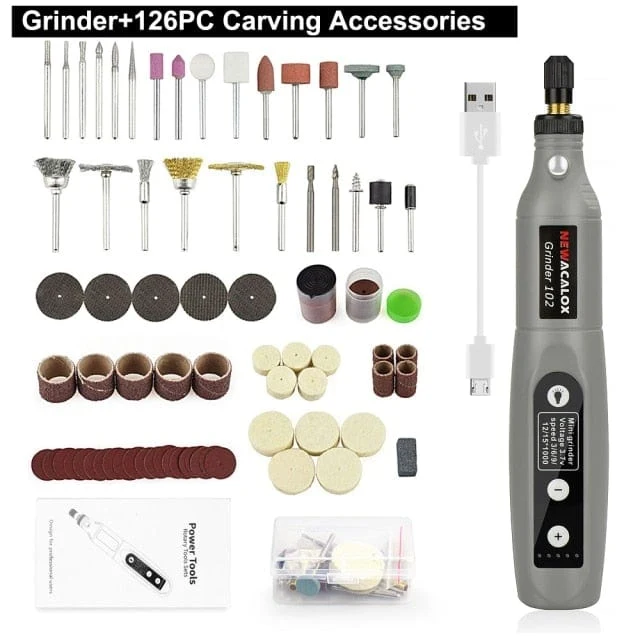 NEWACALOX Mini-Schleifmaschine mit variabler Geschwindigkeit und USB-Aufladung, Rotationswerkzeug-Set, Schleifset mit 126-teiligem Gravurzubehör-Set