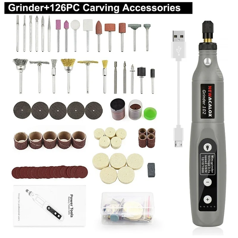 NEWACALOX Mini-Schleifmaschine mit variabler Geschwindigkeit und USB-Aufladung, Rotationswerkzeug-Set, Schleifset mit 126-teiligem Gravurzubehör-Set