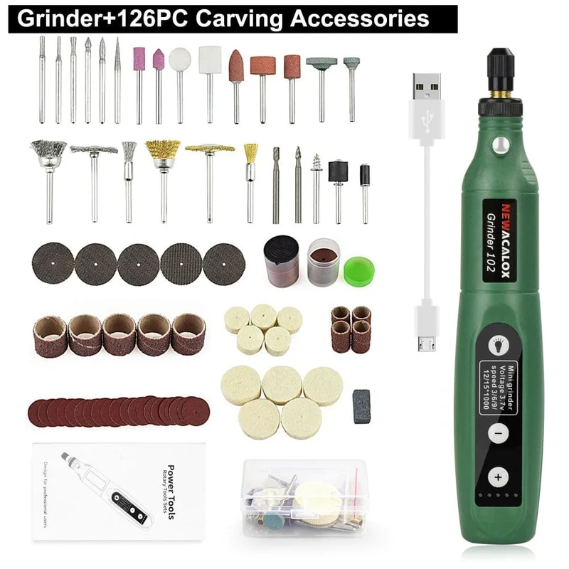 NEWACALOX Mini-Schleifmaschine mit variabler Geschwindigkeit und USB-Aufladung, Rotationswerkzeug-Set, Schleifset mit 126-teiligem Gravurzubehör-Set