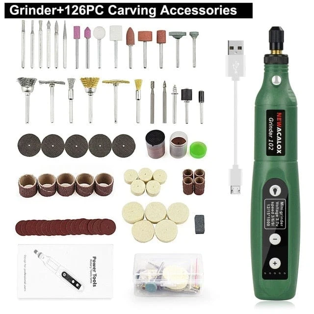 NEWACALOX Mini-Schleifmaschine mit variabler Geschwindigkeit und USB-Aufladung, Rotationswerkzeug-Set, Schleifset mit 126-teiligem Gravurzubehör-Set