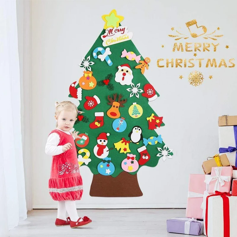 Baby Montessori Spielzeug 32 Stück DIY Filz Weihnachtsbaum Kleinkinder Beschäftigt Brett Weihnachtsbaum Geschenk für Junge Mädchen Tür Wand Ornament Dekorationen