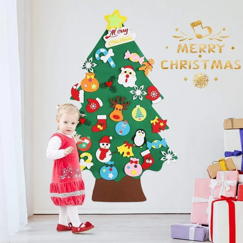 Baby Montessori Spielzeug 32 Stück DIY Filz Weihnachtsbaum Kleinkinder Beschäftigt Brett Weihnachtsbaum Geschenk für Junge Mädchen Tür Wand Ornament Dekorationen