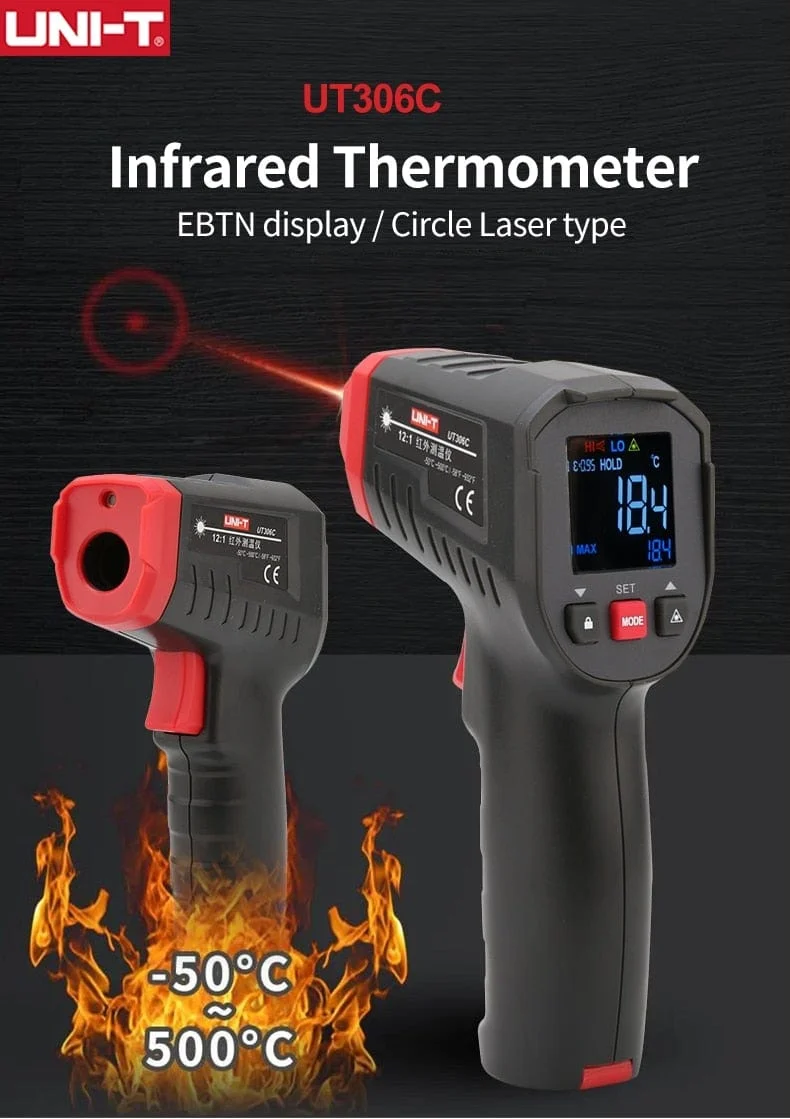 UNI-T Digitalthermometer UT306S UT306C Berührungsloses industrielles Infrarot-Lasertemperaturmessgerät Temperaturpistolentester-50-500