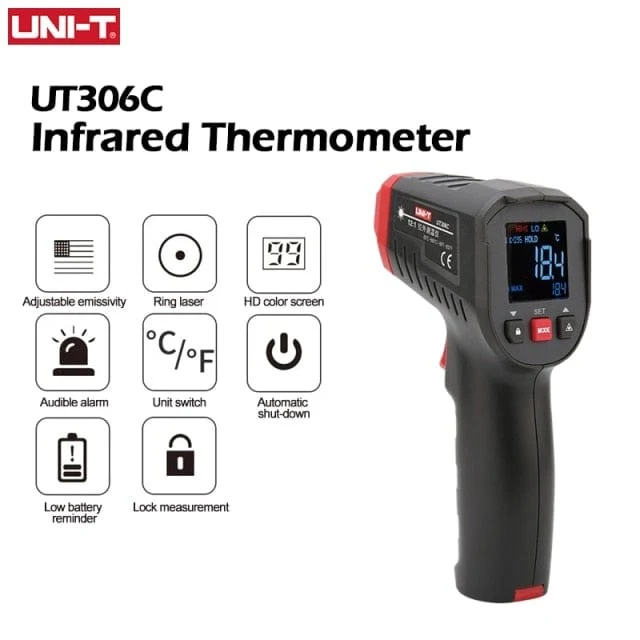 UNI-T Digitalthermometer UT306S UT306C Berührungsloses industrielles Infrarot-Lasertemperaturmessgerät Temperaturpistolentester-50-500