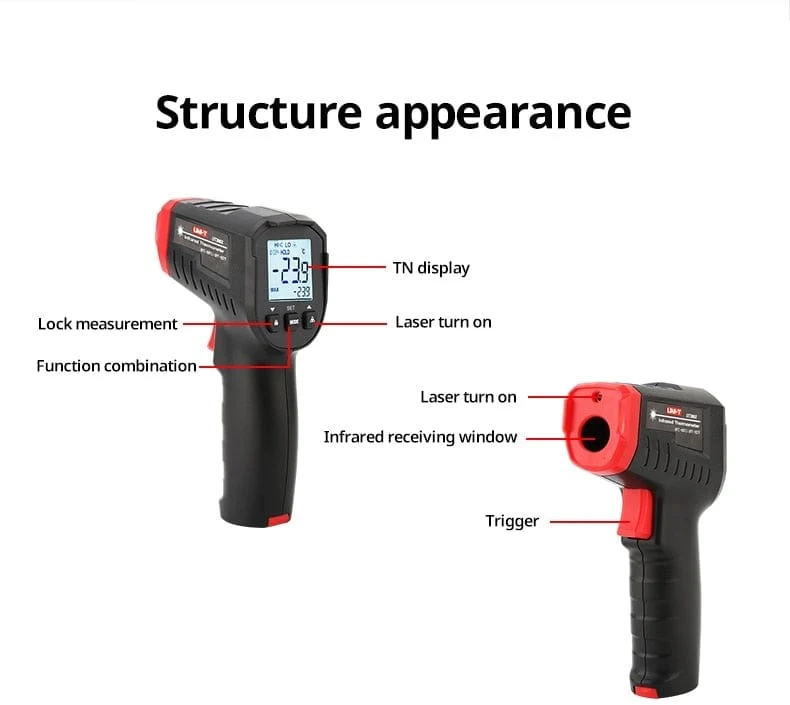 UNI-T Digitalthermometer UT306S UT306C Berührungsloses industrielles Infrarot-Lasertemperaturmessgerät Temperaturpistolentester-50-500