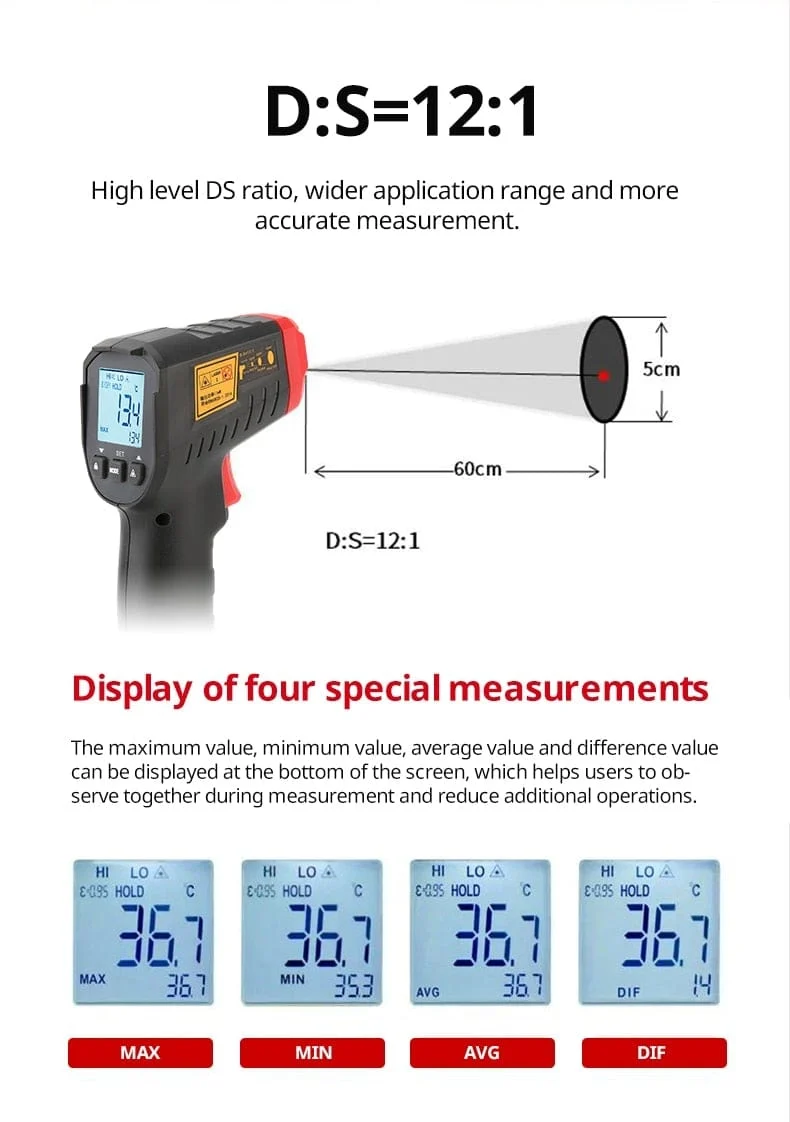 UNI-T Digitalthermometer UT306S UT306C Berührungsloses industrielles Infrarot-Lasertemperaturmessgerät Temperaturpistolentester-50-500