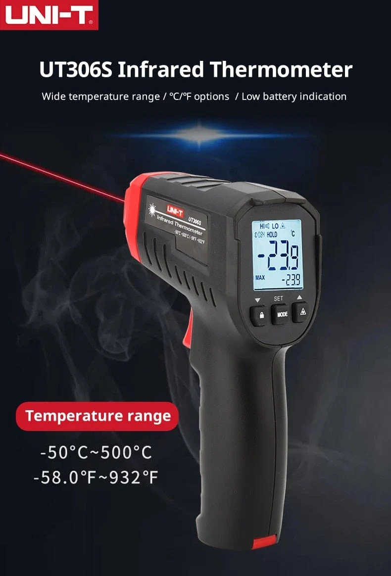 UNI-T Digitalthermometer UT306S UT306C Berührungsloses industrielles Infrarot-Lasertemperaturmessgerät Temperaturpistolentester-50-500