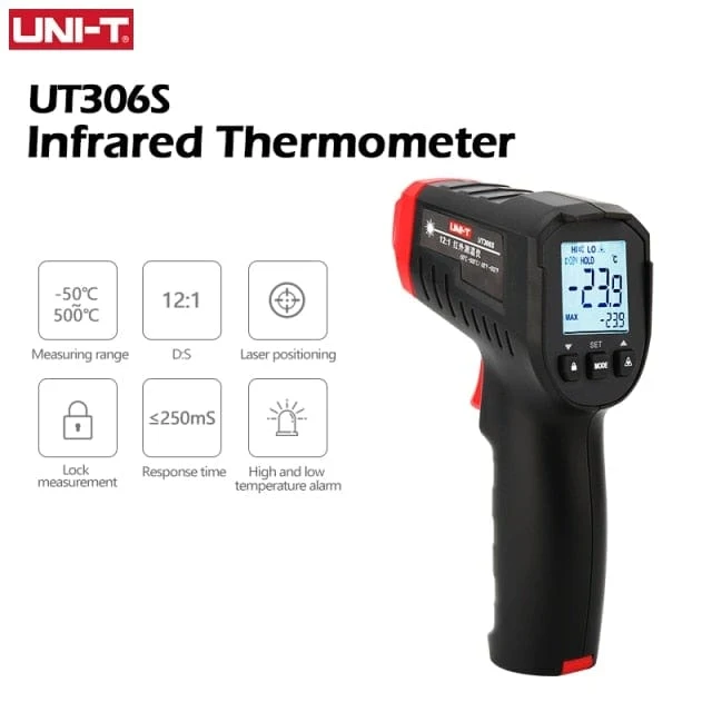 UNI-T Digitalthermometer UT306S UT306C Berührungsloses industrielles Infrarot-Lasertemperaturmessgerät Temperaturpistolentester-50-500