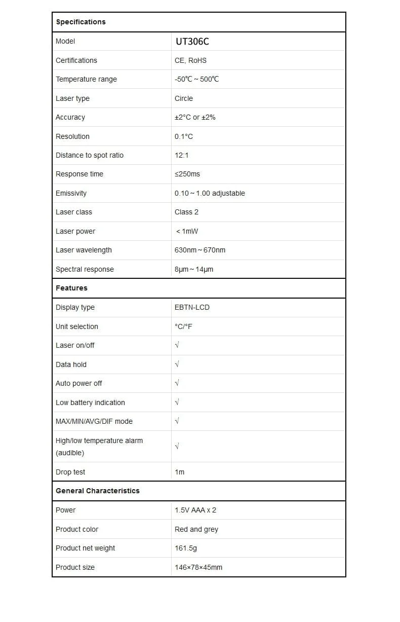 UNI-T Digitalthermometer UT306S UT306C Berührungsloses industrielles Infrarot-Lasertemperaturmessgerät Temperaturpistolentester-50-500