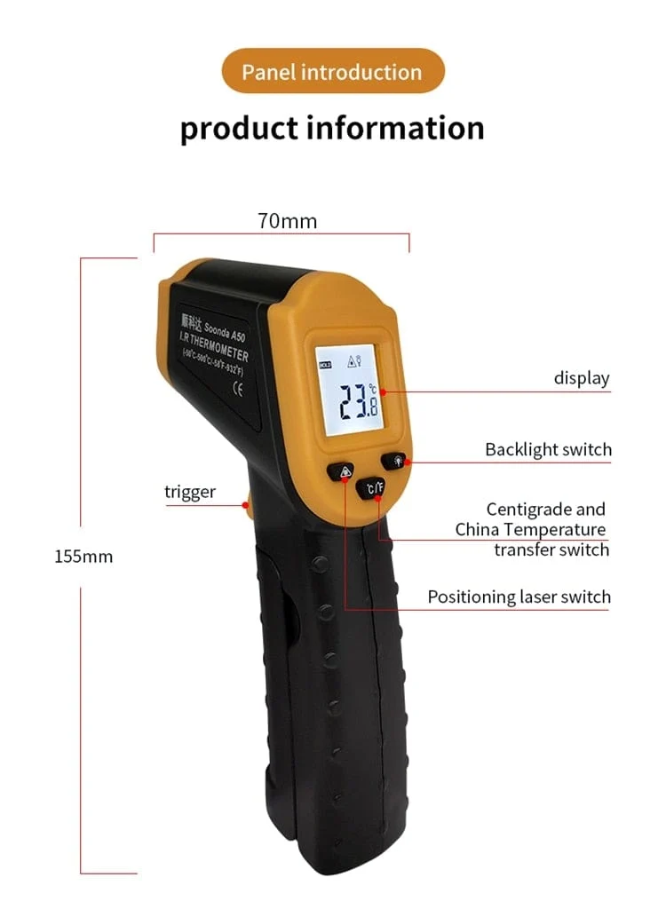 500C Digitales berührungsloses Infrarot-Thermometer Laser-Pyrometer für Boiler Home Ofen Süßwaren Badewasser BBQ Temperatur Mete