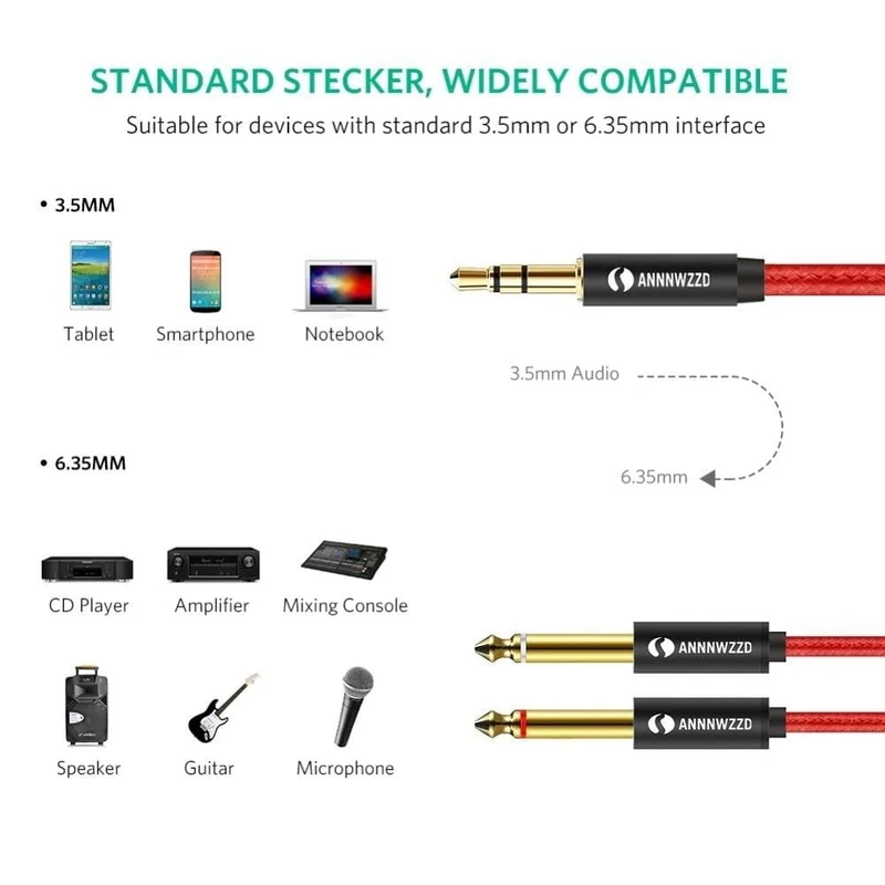Audiokabel 3.5 mm auf Doppel 6.35 mm Aux-Kabel 2 Mono 6.5 Klinke auf 3.5 Stecker für Telefon zu Mischverstärker 6.35 Adapter