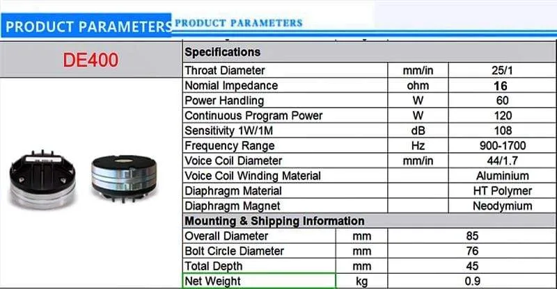 DE400 16 Ohm / 8 Ohn HF-Treiber Neodym 44 mm Schwingspule 120 W kontinuierliche Programmleistung für Line-Array-Lautsprecher-Soundsystem