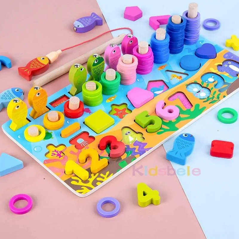 Kinder Montessori Mathe-Spielzeug für Kleinkinder, pädagogisches Holzpuzzle, Angelspielzeug, Zahlenform, passende Spiele, Brettspielzeug