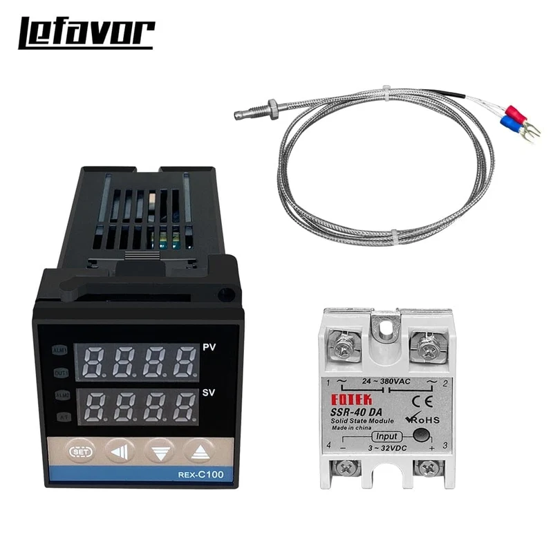 REX-C100 Digitaler PID-Temperaturregler, Thermostat, SSR-Ausgang + max. 40 A SSR-Relais + K-Thermoelement-Sonde, hohe Qualität