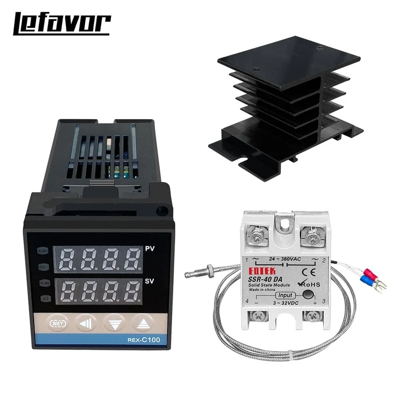 REX-C100 Digitaler PID-Temperaturregler, Thermostat, SSR-Ausgang + max. 40 A SSR-Relais + K-Thermoelement-Sonde, hohe Qualität