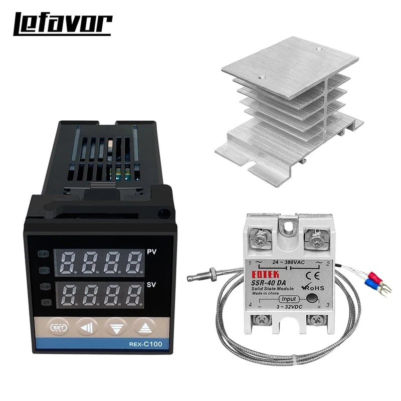 REX-C100 Digitaler PID-Temperaturregler, Thermostat, SSR-Ausgang + max. 40 A SSR-Relais + K-Thermoelement-Sonde, hohe Qualität