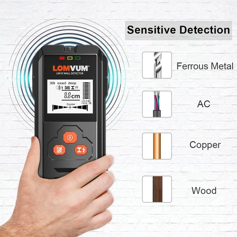 LOMVUM Metalldetektor mit Hintergrundbeleuchtung, Schwarz, AC, Holzfinder, Kabel, Drähte, Tiefen-Tracker, Untergrund-Sturz-Wandscanner, LCD-HD-Display, Signalton