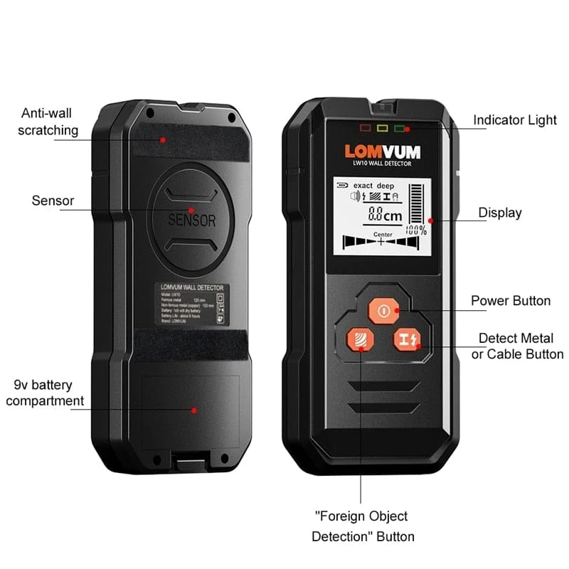 LOMVUM Metalldetektor mit Hintergrundbeleuchtung, Schwarz, AC, Holzfinder, Kabel, Drähte, Tiefen-Tracker, Untergrund-Sturz-Wandscanner, LCD-HD-Display, Signalton