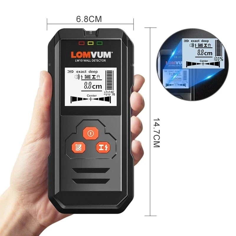 LOMVUM Metalldetektor mit Hintergrundbeleuchtung, Schwarz, AC, Holzfinder, Kabel, Drähte, Tiefen-Tracker, Untergrund-Sturz-Wandscanner, LCD-HD-Display, Signalton