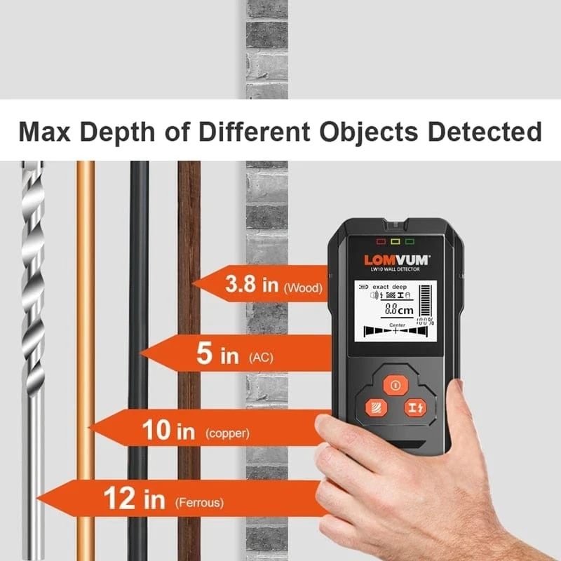 LOMVUM Metalldetektor mit Hintergrundbeleuchtung, Schwarz, AC, Holzfinder, Kabel, Drähte, Tiefen-Tracker, Untergrund-Sturz-Wandscanner, LCD-HD-Display, Signalton