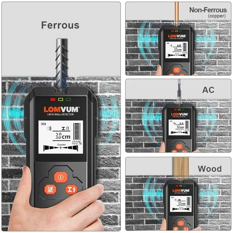 LOMVUM Metalldetektor mit Hintergrundbeleuchtung, Schwarz, AC, Holzfinder, Kabel, Drähte, Tiefen-Tracker, Untergrund-Sturz-Wandscanner, LCD-HD-Display, Signalton