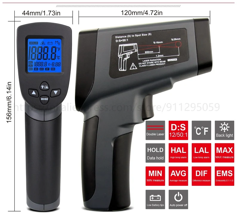 Kaemeasu Digitales Infrarot-Thermometer -50~1600 Messbereich, berührungslos, Sicherheit, Kochen, industrielle elektronische Thermometerpistole