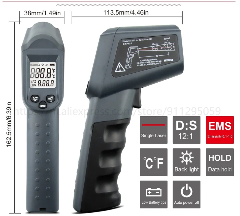Kaemeasu Digitales Infrarot-Thermometer -50~1600 Messbereich, berührungslos, Sicherheit, Kochen, industrielle elektronische Thermometerpistole