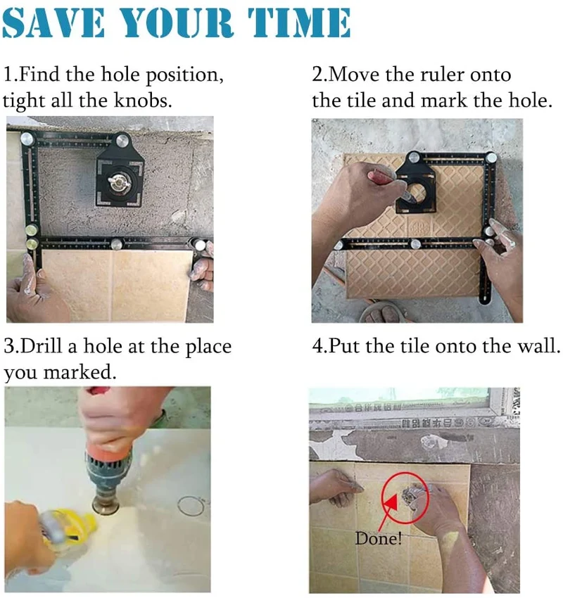 Fliesenlochsucher, verstellbares Werkzeug, Mauerwerk, Glas, fester Winkel, Messlineal, universelle Winkelschablone, Izer, 4/6/12 Schieber/Falt
