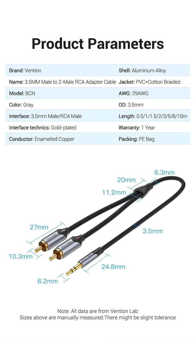 Vention RCA-Kabel 3.5 mm auf 2RCA Splitter RCA-Buchse 3.5-Kabel RCA-Audiokabel für Smartphone-Verstärker Heimkino AUX-Kabel RCA