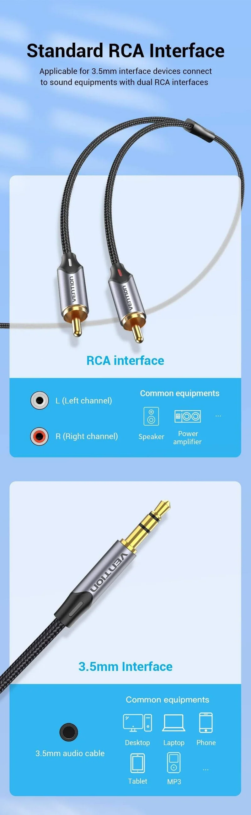 Vention RCA-Kabel 3.5 mm auf 2RCA Splitter RCA-Buchse 3.5-Kabel RCA-Audiokabel für Smartphone-Verstärker Heimkino AUX-Kabel RCA