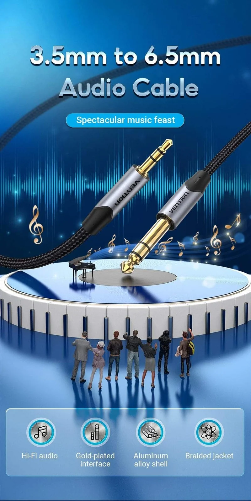 Vention 3.5 mm auf 6.35 mm Adapter Aux-Kabel für Mischverstärker Vergoldet 3.5 Klinke auf 6.5 Klinke 0.5 m 3 m 5 m Aux Cabo Stecker auf Stecker