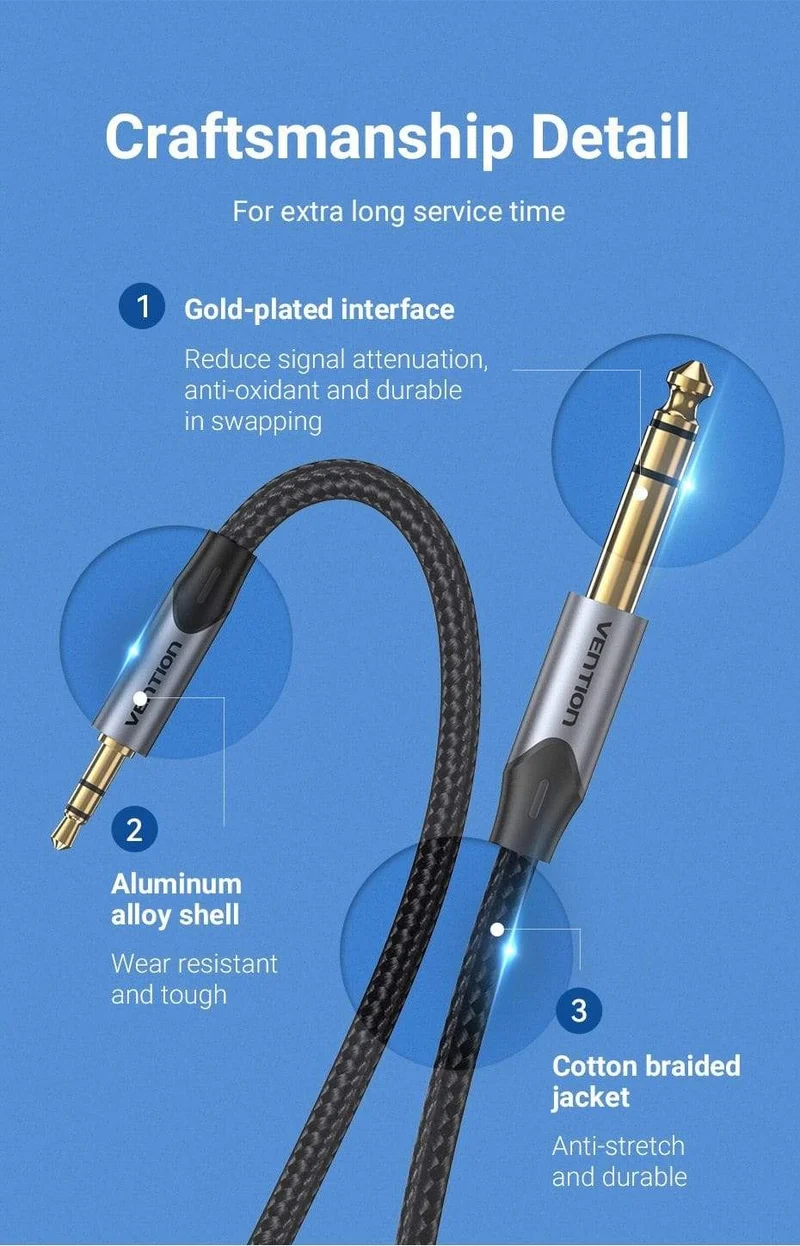 Vention 3.5 mm auf 6.35 mm Adapter Aux-Kabel für Mischverstärker Vergoldet 3.5 Klinke auf 6.5 Klinke 0.5 m 3 m 5 m Aux Cabo Stecker auf Stecker