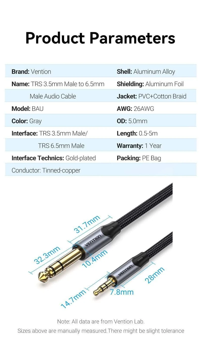 Vention 3.5 mm auf 6.35 mm Adapter Aux-Kabel für Mischverstärker Vergoldet 3.5 Klinke auf 6.5 Klinke 0.5 m 3 m 5 m Aux Cabo Stecker auf Stecker