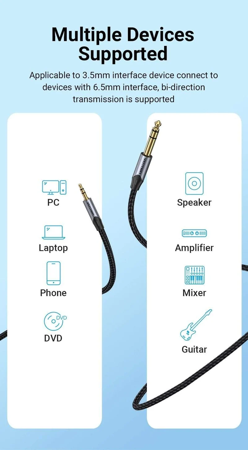 Vention 3.5 mm auf 6.35 mm Adapter Aux-Kabel für Mischverstärker Vergoldet 3.5 Klinke auf 6.5 Klinke 0.5 m 3 m 5 m Aux Cabo Stecker auf Stecker