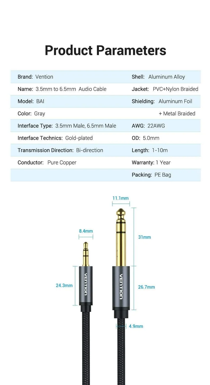 Vention 3.5 mm auf 6.35 mm Adapter Aux-Kabel für Mischverstärker Vergoldet 3.5 Klinke auf 6.5 Klinke 0.5 m 3 m 5 m Aux Cabo Stecker auf Stecker