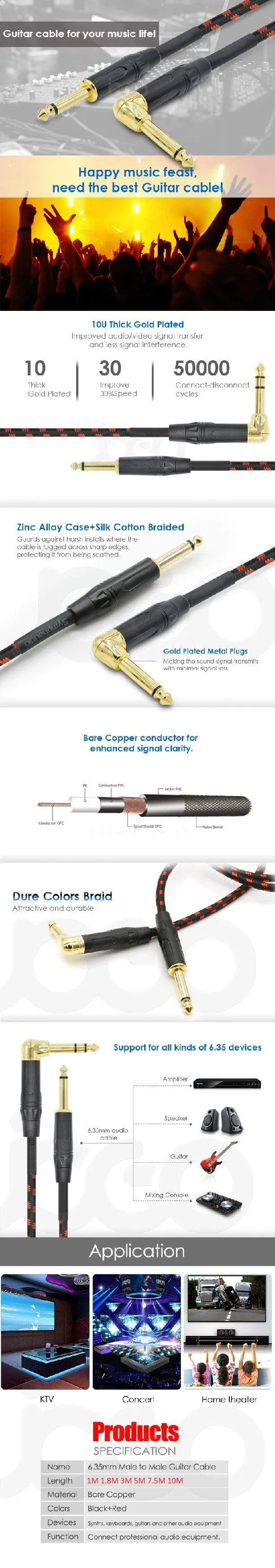 Klinkenstecker 6.35 mm Monokabel, vergoldet, Gitarrenkabel, Stecker auf Stecker, baumwollgeflochtenes Instrumentenkabel für Gitarre, Bass, Keyboard