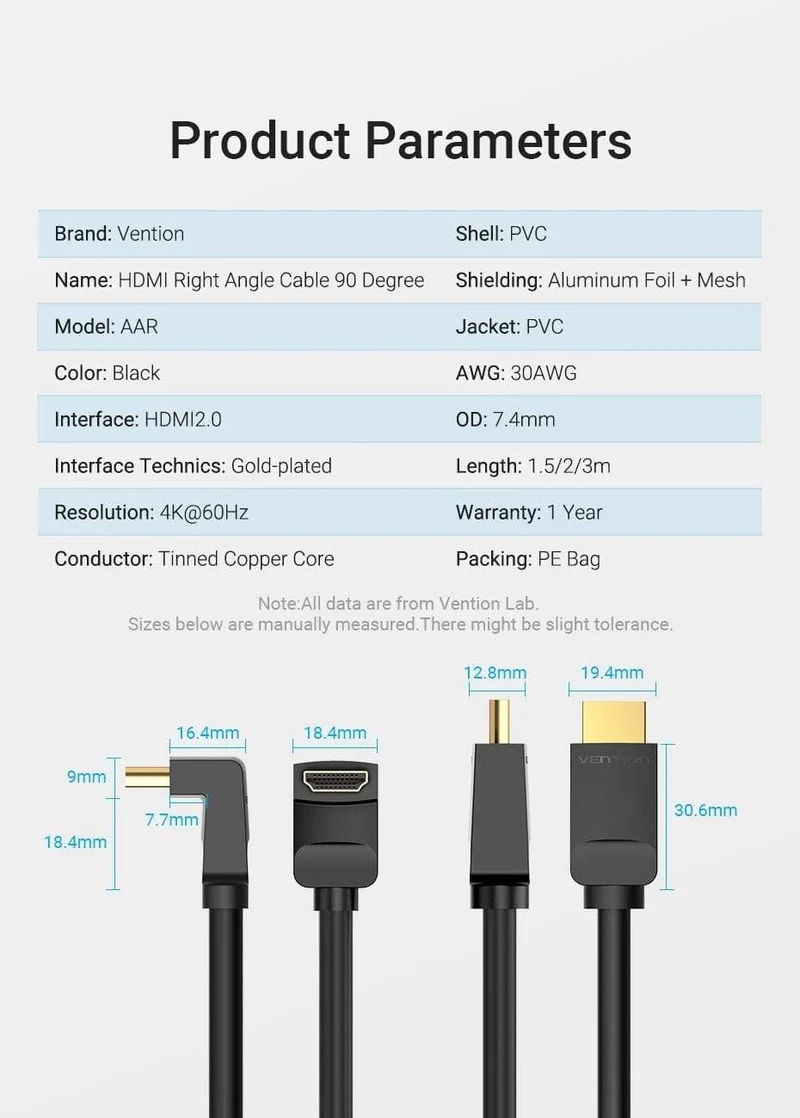 Vention HDMI-Kabel 4K HDMI 2.0-Kabel HDMI 90/270-Grad-Winkeladapter für Apple TV PS4 Splitter Video Audio 90-Grad-HDMI-Kabel